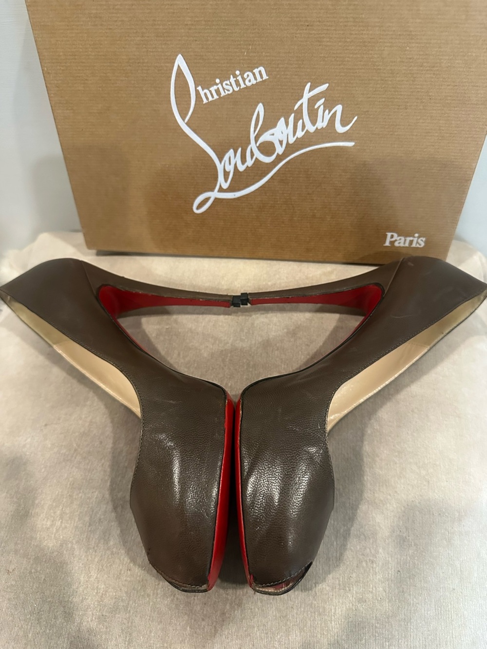 Christian Louboutin Brown Leather Peep-Toe Pump with Red Sole - Picture 5 of 9